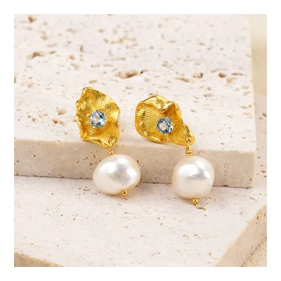 S925 Silver Blue Topaz & Freshwater Pearl Drop Stud Earrings Gold Plated Statement Jewelry for Weddings and Parties