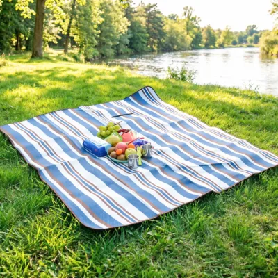 Durable 3-Layer Waterproof PEVA Layer Extra Large Striped Picnic Blanket Acrylic Camping Mat Foldable Outdoor Beach Mat for 6-8