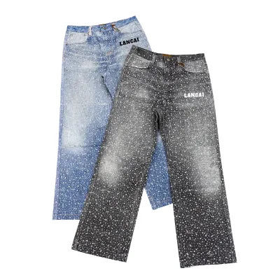 Custom Manufacturer Streetwear Men's Y2K Vintage Stone Washed All Over Printing Rhinestone Straight Leg Denim Pants Jeans