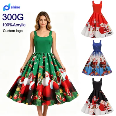 Winter Christmas Dress Women Sexy Spaghetti Strap Swing Party Dress Robe Vintage Robe Santa Snowflake Print Vestidos
