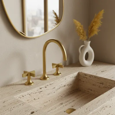 Deck Mounted Brass Basin Mixer Double Handle 3 Hole Design for Qatar Hotel Development