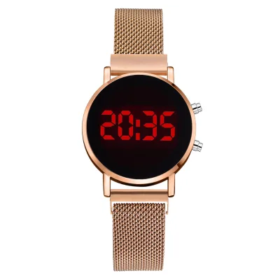 Luxury Rose Gold Digital Red LED Dial Watches for Women Belt Quartz Watch Ladies Magnet Clock