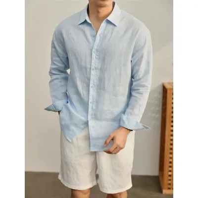 Men Light Blue Long Sleeve Shirt Breathable Casual Loose Fit Solid Shirt