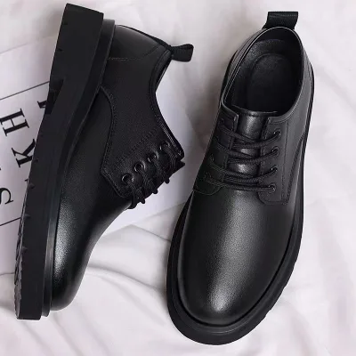 Spring Big Head Business Casual Ankle Pu Shoes Lace-up Plastic Outsole Soft Sole All-match Boys Formal Wear Black Non-slip Shoes