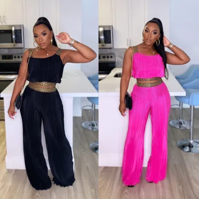 Girls Women Outfits Pleated Two Piece Set Crop Top and Wide Leg Pants Sets Casual Matching Suits