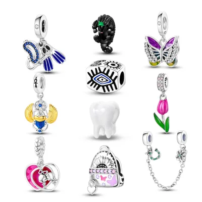 Customized 925 Silver Diamond Charms Bead Teeth Rose Butterfly Safety Chain DIY Charm Bracelet Women Gift Wholesale