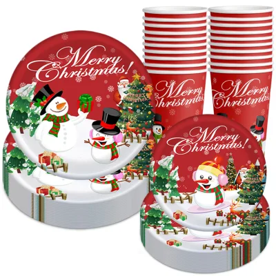 Wholesale Customized Red & White Eco-Friendly Christmas Holiday Decoration Tableware Paper Cup and Plate Set FDS CD-11