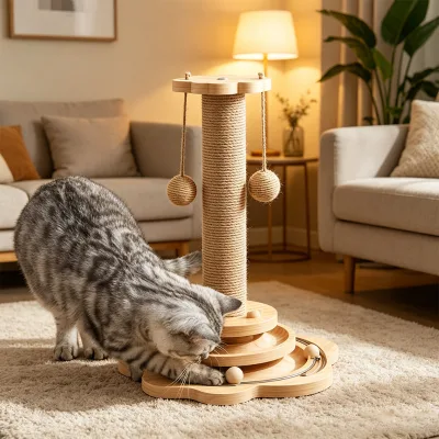 Modern Indoor Pet Activity Center Solid Wood Base with Sisal Wrapped Post Interactive Ball Track for Kitten Climbing Exercise