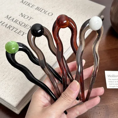 NEW Wholesale U-Shaped Hair Sticks Fashion Elegant Bead Wave Pins Chopstick Large Amber Color Hairpin for Women Girl