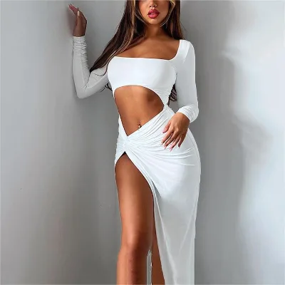 2024 New Elegant High Slit Casual Dress Sexy Hollow Long Sleeve Square Neck Fashionable Solid Pattern Latest Design Club Party