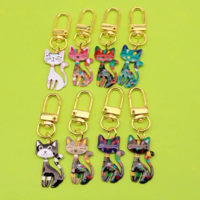 Multicolor Floral Print Cartoon Cat Enamel Keychain Cartoon Metal Kitten Key Pendant for Keys Handbag Backpack Decor DIY Gift