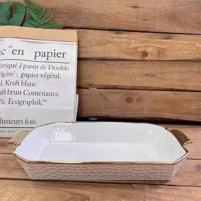 Wholesale Creative Design Rectangle Baking Plate Ceramic Bakeware With Gold Rim