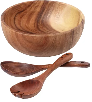 100% All-Natural Eco-Friendly Japanese Extra Large Wooden Dough  Acacia Wooden Salad Bowl Set with Spoon
