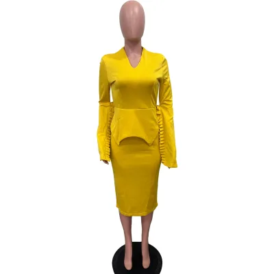 Solid Pleated Long Sleeve V-Neck Midi Dress Elegant Casual Style for Summer Breathable Knitting Natural Anti-Wrinkle Washable