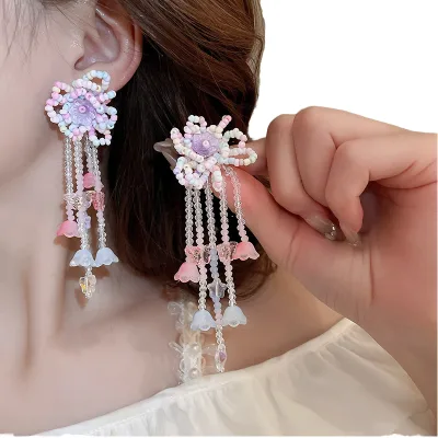 Boho Handmade Mesh Rose Earrings Iridescent Multicolor Leaf Tassel Statement Dangle Earrings for Party Vacation