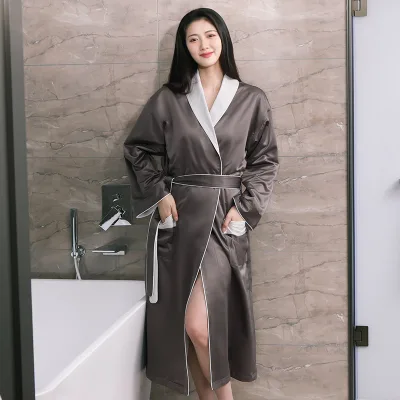 Five-Star Hotel Bathrobes Double-Layer Thicker Striped Simulated Silk Sleepwear Absorbent High-End Beauty Salon Bathrobes
