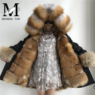 Winter Women's Fox Fur Coat Warm Hood Parka Ladies Long Trench Jacket Outwear Fashion Winter Coats Female Real Fox Fur Parka