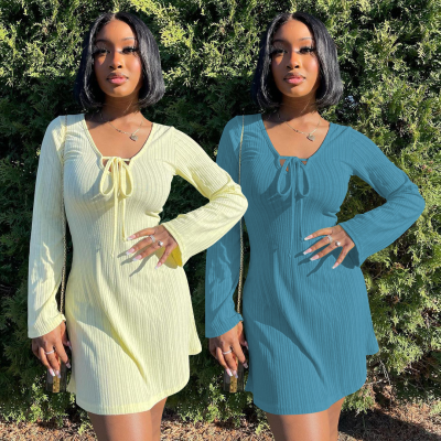 New Style Fashion Long Sleeve v Neck Solid Color Bandage Dress Party Prom Dresses FM2023
