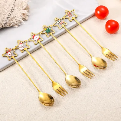 Gold Christmas Dinnerware Set 6 PCS Spoon Fork Star Top Handle Enamel Charm Santa Snowman Reindeer Tree Bell Holiday Modern