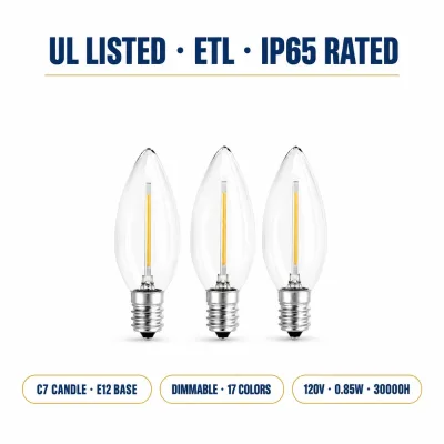C7 Edison Style LED Replacement Bulbs E12 Base Candle Style IP65 Outdoor Dimmable Warm White 35lm 30000H 360 Beam Christmas