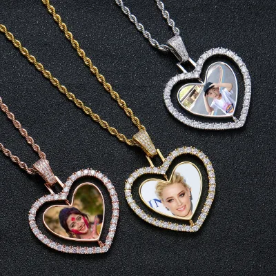 Collar De Fotos Customize Heart Photo Necklace Custom Photo Memory Pendant Double Medallions Picture CZ Picture Necklace