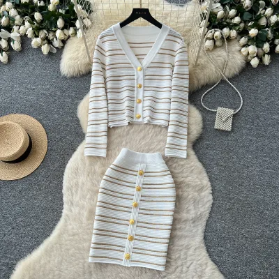 Women Striped Knit Two Piece Set V Neck Long Sleeve Button Front Cardigan Bodycon Midi Skirt Spring Fall