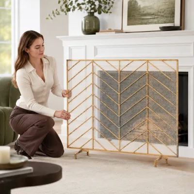 Elegant Gold Metal Chevron Herringbone Geometric Pattern Mesh Decorative Fireplace Spark Guard Fireplace Screen