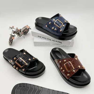 Popular Men Designer Slides Black Sole Sports slippers PU Sole Mens Slides Slipper Walking Style Sandals for Men