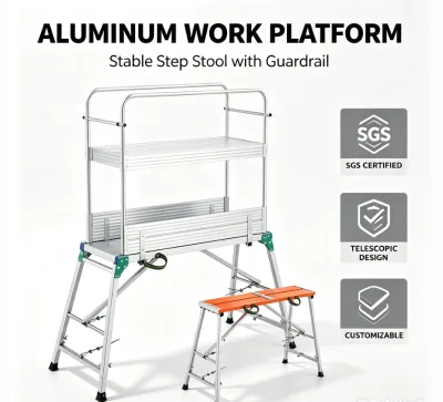 Aluminum Work Platform with Guardrail - Telescopic Foldable Step Stool for Construction, Warehouse & Home Use, SGS Certified
