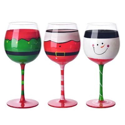 Christmas Wine Glasses 16.8 OZ Festive Santa Holiday Wineglass Gift Red Green and White Colored Painted Winter Glassware
