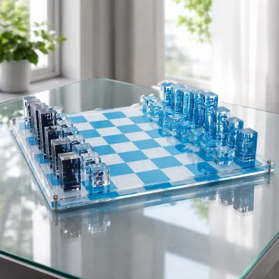 Acrylic Chess Set with Movable Ocean Style Printed Chessboard for Birthday Gifts and Gaming for 3-6 Years Old Contemporary