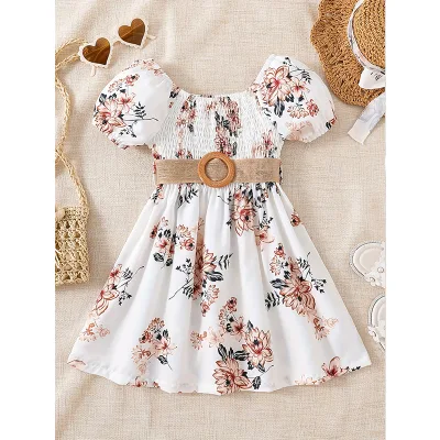 Factory Wholesale Price Children's Cotton Casual Breathable Cartoon Print Flower Kids Summer Wear Girls Dresses