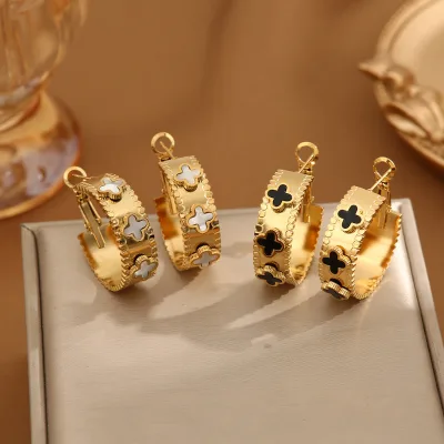 Four Leaf Clover Designer Luxury 18K Gold Plated Stainless Steel Hoop Women Fashion Jewelry Clover Earrings