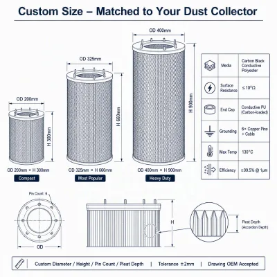 GUANLIN Pleated Metal Mesh Carbon Black Conductive Antistatic Dust Filter Cartridge for Powder Recovery Plastic Chemical Dust