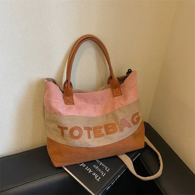 Cross-border E-commerce Large-capacity Colorblock Canvas Tote Bag Trendy Zipper Closure Fashionable Versatile commuter Shoulder