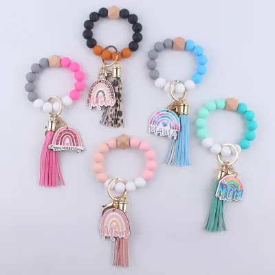2025 Mother's Day Gift Accessories Leather Tassel rainbow Love Wooden Plaque Pendant Silicone Bracelet Keychain