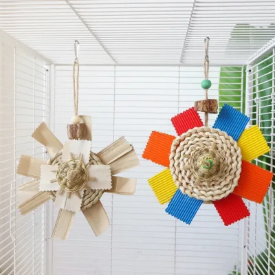 Handmade Bird Foraging Toy - Large Grass Woven Round Toy with Shredder Paper for Medium to Small Parrots Cage Enrichment