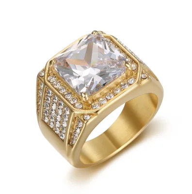 2024 Luxury Men's 18K Gold Plated Stainless Steel Engagement Wedding Ring Inlay Zirconia Rhinestone Emerald for Gift or Party