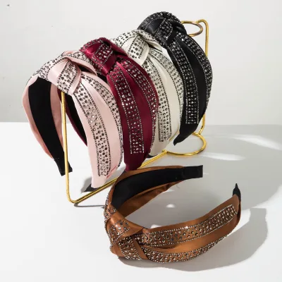 Baroque Wide Satin Headband Retro Knotted Design with Rhinestone Accents Headband