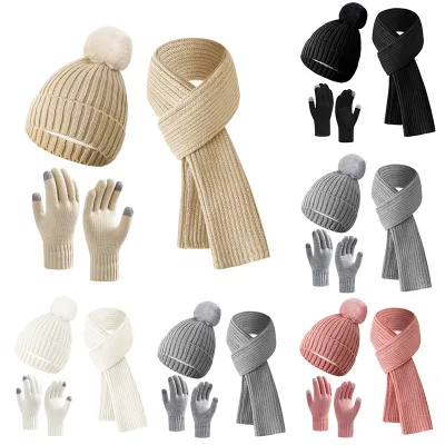 2026 New Winter Warm Knitted Lined Beanie Set Touch Screen Glove Hat Scarf Three-Piece Set