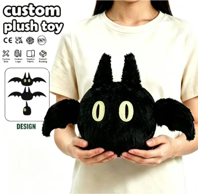 Adorable Fluffy Custom Black Bat Plush Toy Cute Bat Stuffed Animal Soft Horror Cartoon Plush Doll Halloween Decor