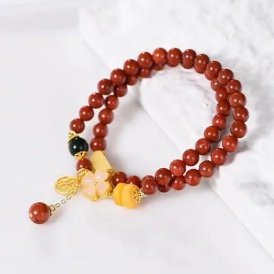 Wholesale natural south red Hetian jade four-leaf clover multi-loop bracelet