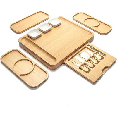 Wholesale Eco-Friendly Stainless Steel Bamboo Charcuterie Board Cheese Cutting Board Set with Cheese Tools