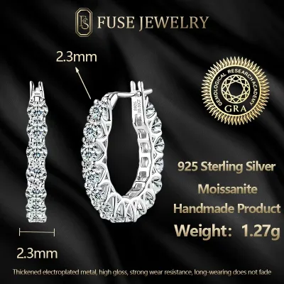 FUSE JEWELRY 925 Sterling Silver Rhodium Plated Classic Moissanite Hoop Earrings Women D Color VVS Pave Small Huggie GRA