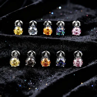 Wholesale 925 Silver Four Claw Inlaid Color Moissanite Earrings Ladies Screw Earplugs Simple Earrings