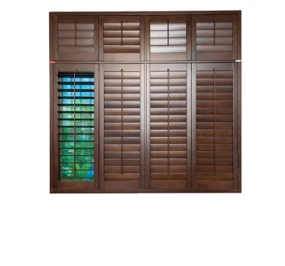 Customized Wooden Texture Indoor Window Louver Wood Slide Fold Panel Aluminum Shutters Sun Shading for Home