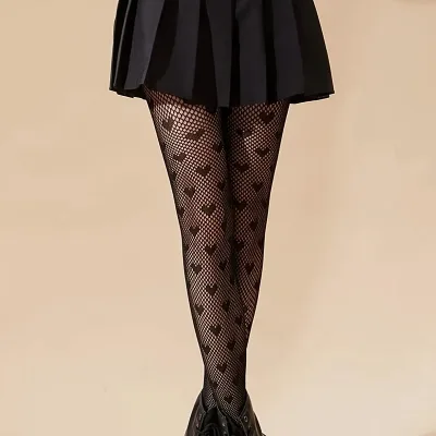 Custom Heart Pattern Jacquard Print Hollow Out Slim Fit Footed Fishnet Tights Pantyhose Stocking