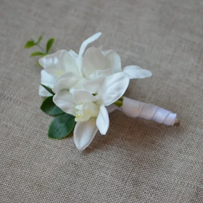 New Arrival White Orchid Boutonniere Lace Artificial Flower Classic Modern 11x12cm Eucalyptus Wedding Corsage Elegant Lapel Pin