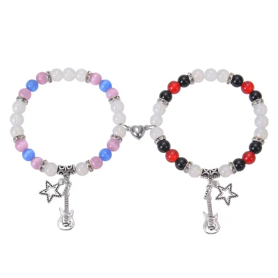 SL24045 Custom Colored Bead Bracelet Fashion Cat Guitar Silver Jewelry Wholesale Luxury New Design Magnet Snap Phase Charms