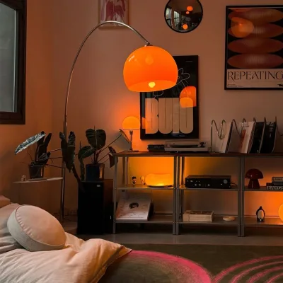 Vintage Orange Mushroom Arc Fishing Floor Lamp Mid Century Modern Adjustable Curved Arm Living Room Ambient Arc Floor Lamp